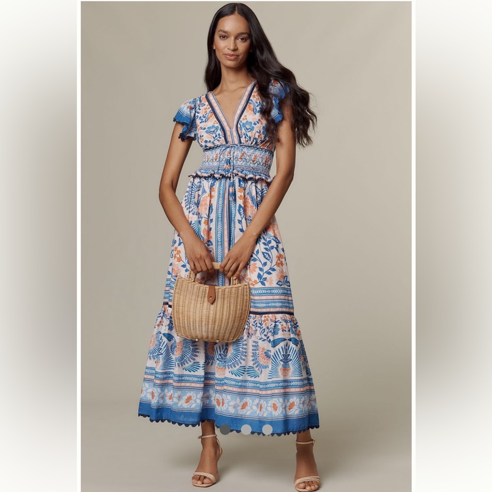 FARM RIO X ANTHROPOLOGIE RUFFLE-SLEEVE SMOCKED MAXI DRESS, toucan in bloom scarf